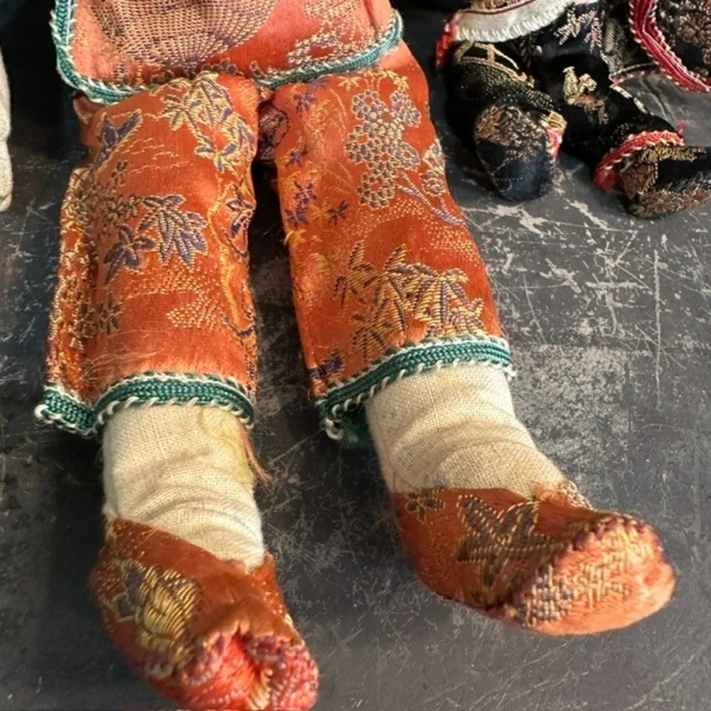 Vintage Chinese Cloth Dolls Set of 2 Orange Black Silk Brocade Folk Art 12in